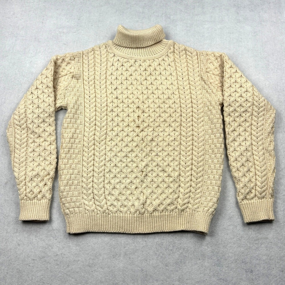 Inis Crafts Sweater Womens Large Cream Merino Wool Aran Cable Knit Turtleneck
